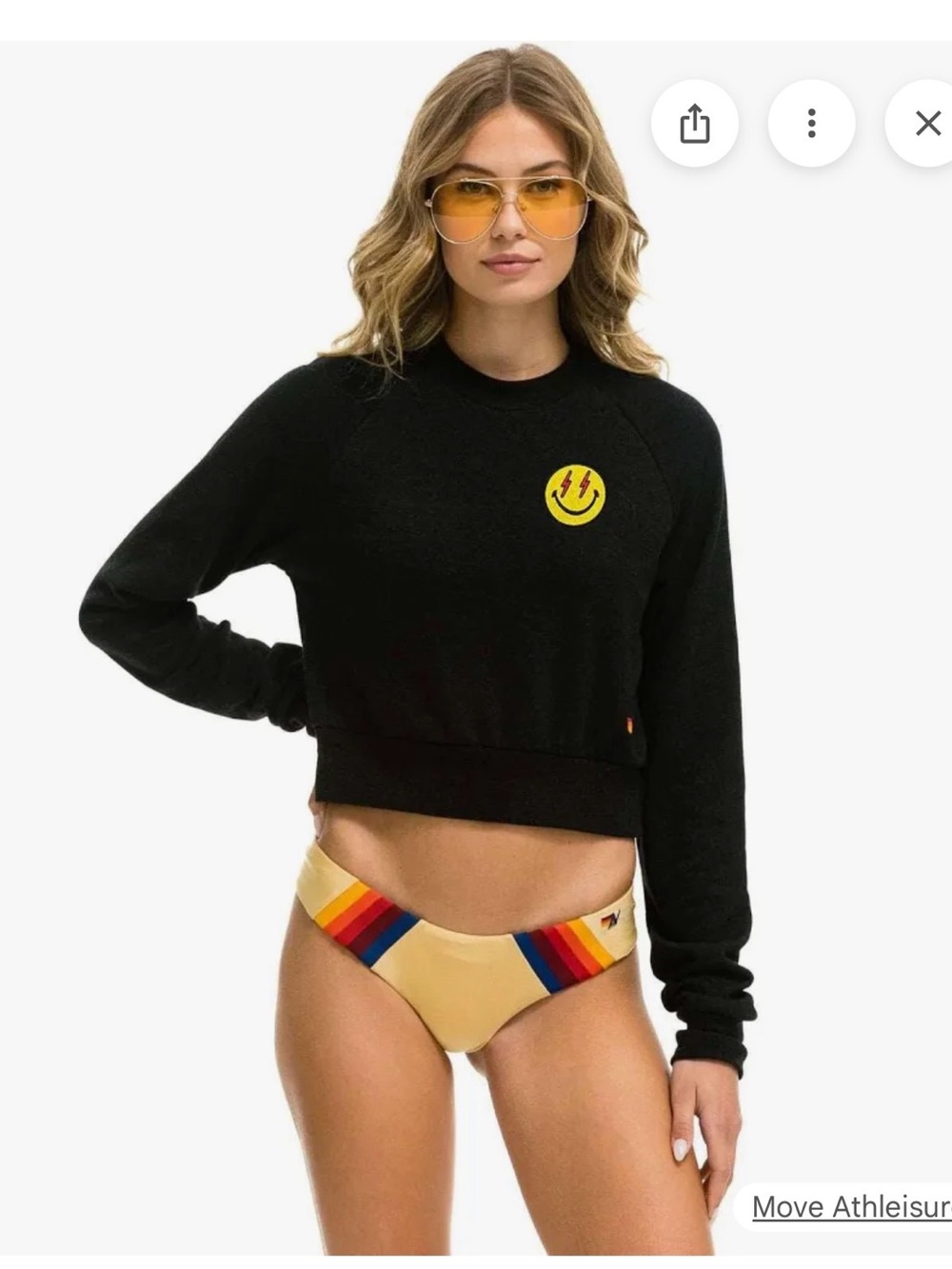 Aviator Nation Black Cropped Crewneck Sweatshirt with Yellow Smiley Patch